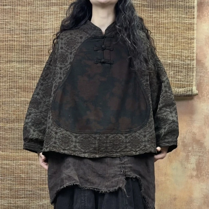 وصول جديد لربيع وخريف 2026: بلوزات نسائية كاجوال فضفاضة بأكمام طويلة وياقة دائرية، مطبوعة بتصميم مرقع، جودة عالية من القطن والكتان، موديل S159