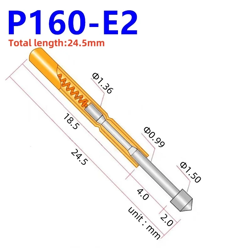 100PCS Spring Test Probe P160-E2 Test PinP160-E Brass Test Pin Pogo Pin Sleeve 24.5mm Dia 1.36mm Pin Head Dia 1.50mmTest Tool