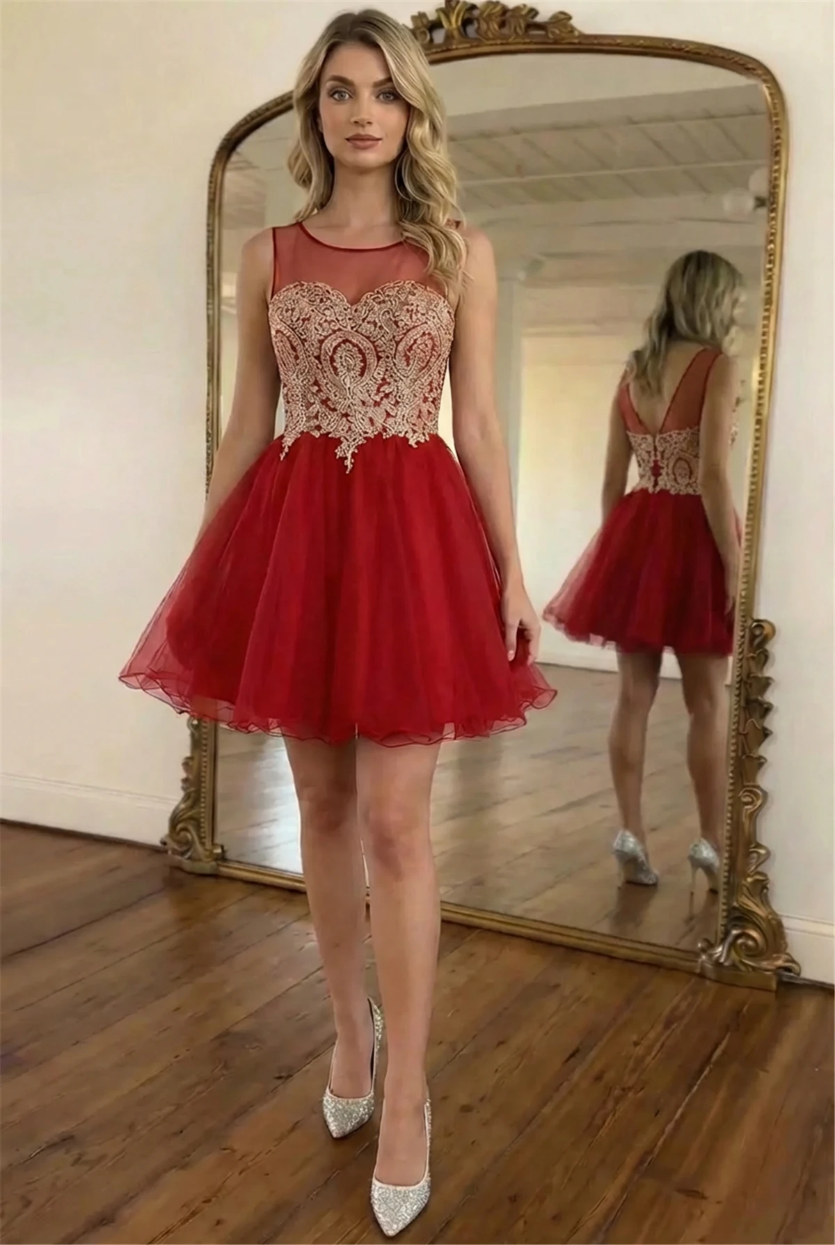 Red Short Homecoming Dresses Golden Appliques A-Line Illusion Neck Fashion Mini Prom Party Gowns For Women Robe De Soirée 2026