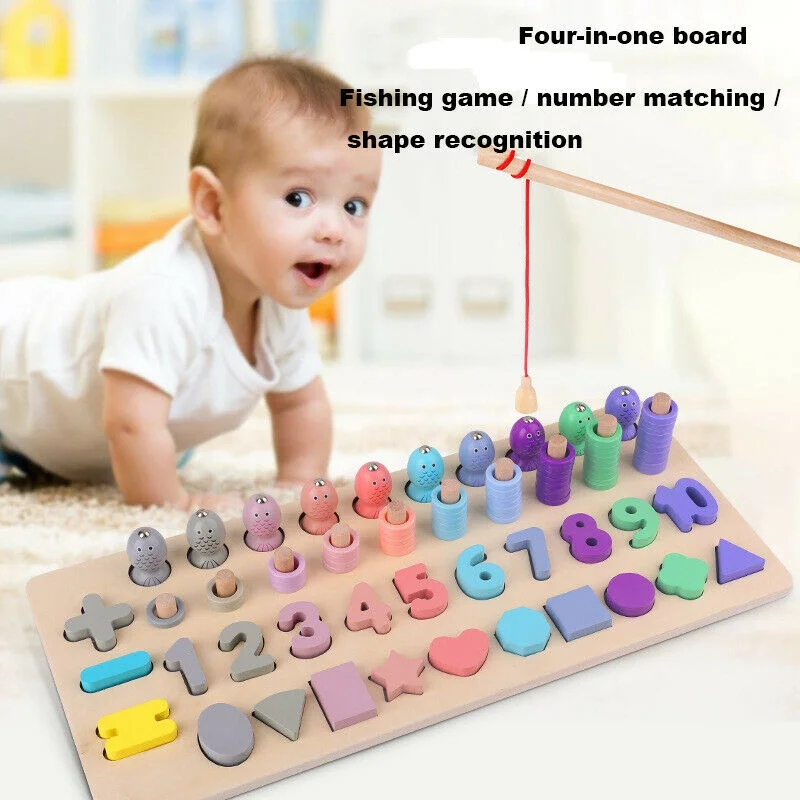 Mainan Puzzle anak-anak, mainan Puzzle Empat dalam satu, memancing magnetik kayu, mainan papan pendidikan dini