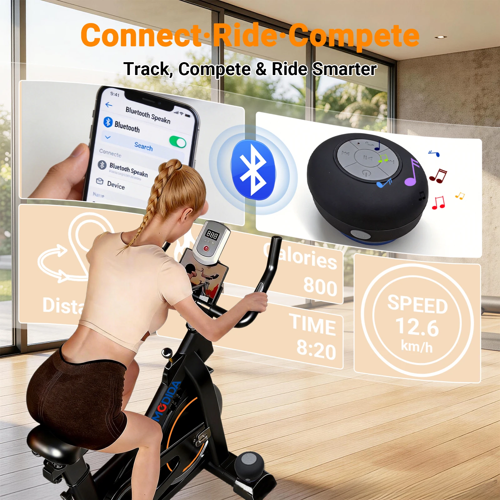 300LBS Load Magnetic Indoor Spin Bike With Built‑in Bluetooth Speaker Ultra Quiet Belt‑Drive Adjustable Resistance Home Stationary Fitness Exercise Bike