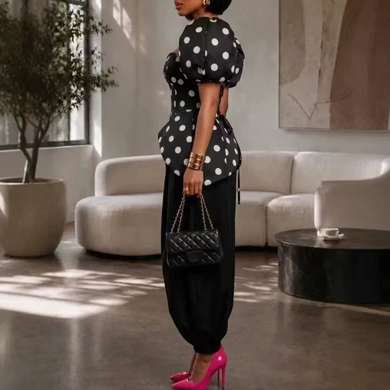 New Polka Dot Print Party Outfit Summer Fashion Street Women Suit Square Neck Puff Sleeve Top with Wide Leg Pants Two Piece Set