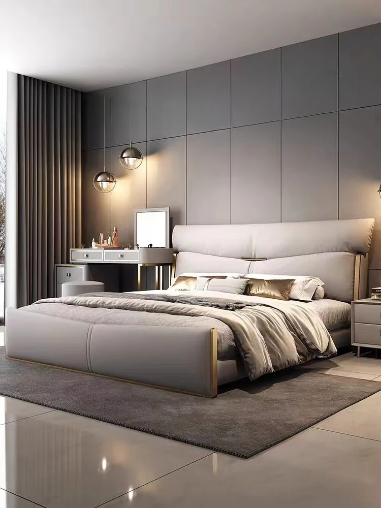 ！@ Cheap High Quality King Size Microfiber Leather Bed Bedroom Furniture Wooden Frame Light Luxury Villa Soft Upholstered Beds