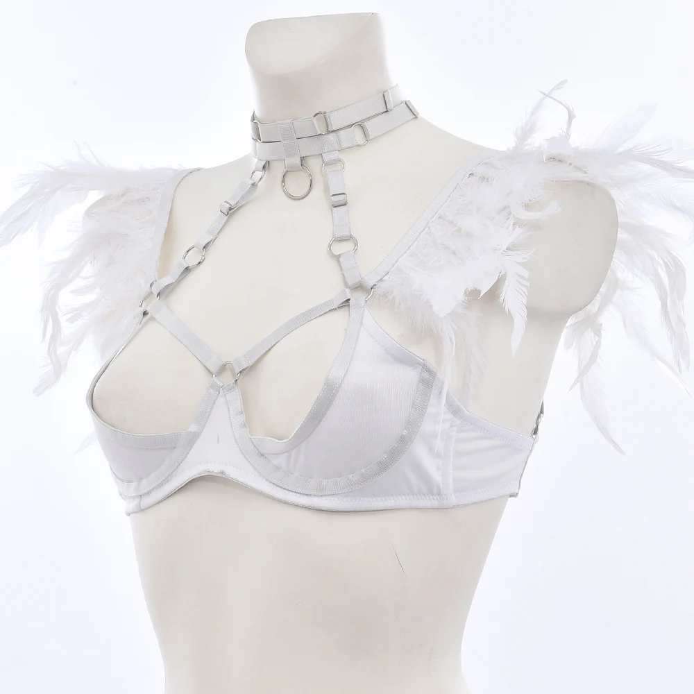 Feather Body Harness Cage Lingerie Open Chest Bra Punk Bondage Erotic Rave Wear Harajuku Elastic Harness Cage Crop Top Bustier