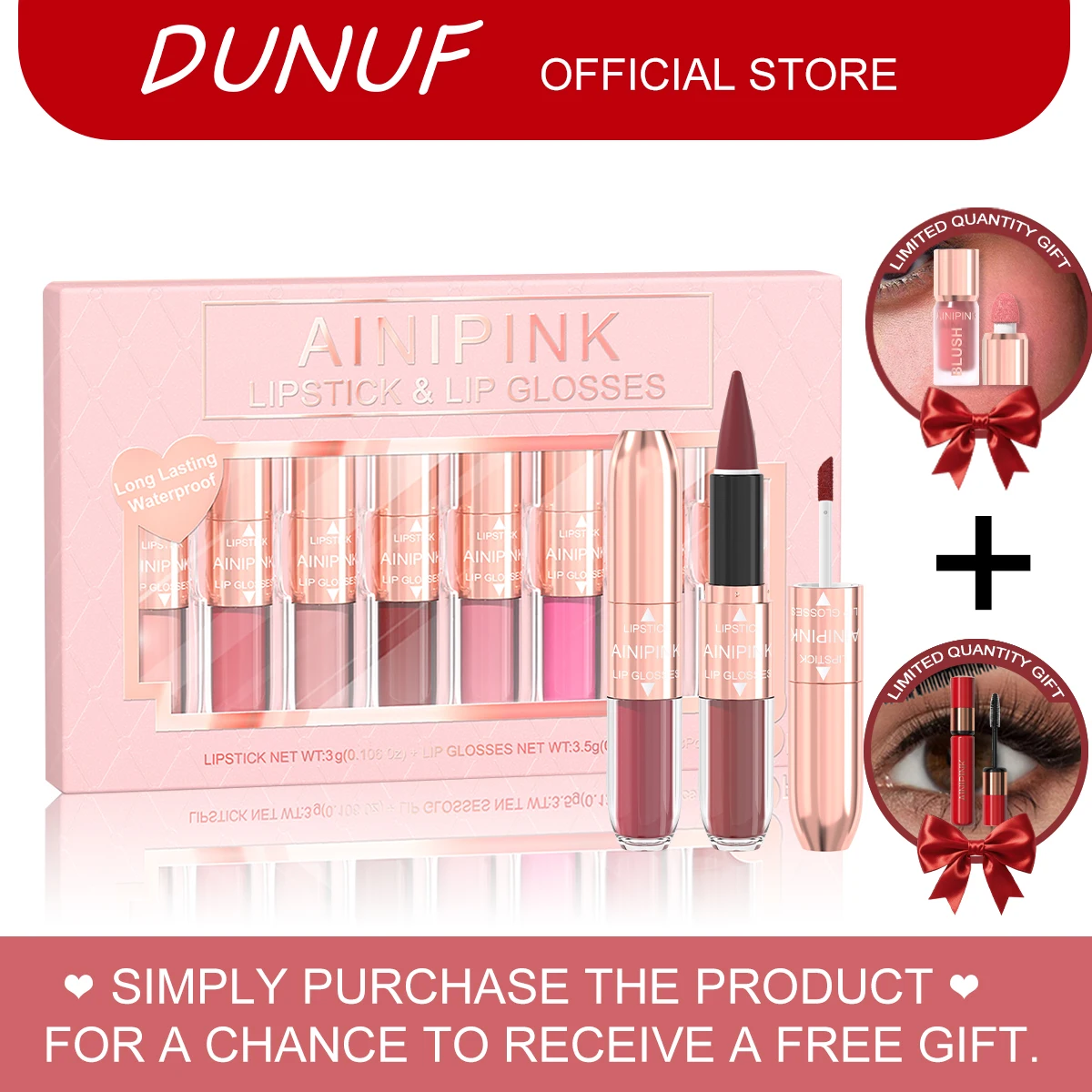 AINIPINK 2 In 1 Lipstick & Lip Gloss Set Velvet Long Lasting Waterproof High Pigment Matte Lip Makeup Cosmetic Kit For Women, Free Blush & Mascara As Limited Bonus Gift