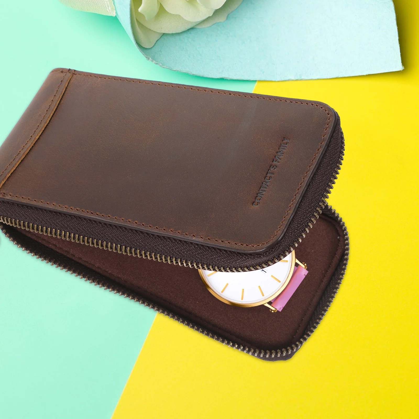 

1pc Watch Box Zippered Storage Case Portable Organizer For Travel Watch Holder Display Birthday Gift (Coffee)