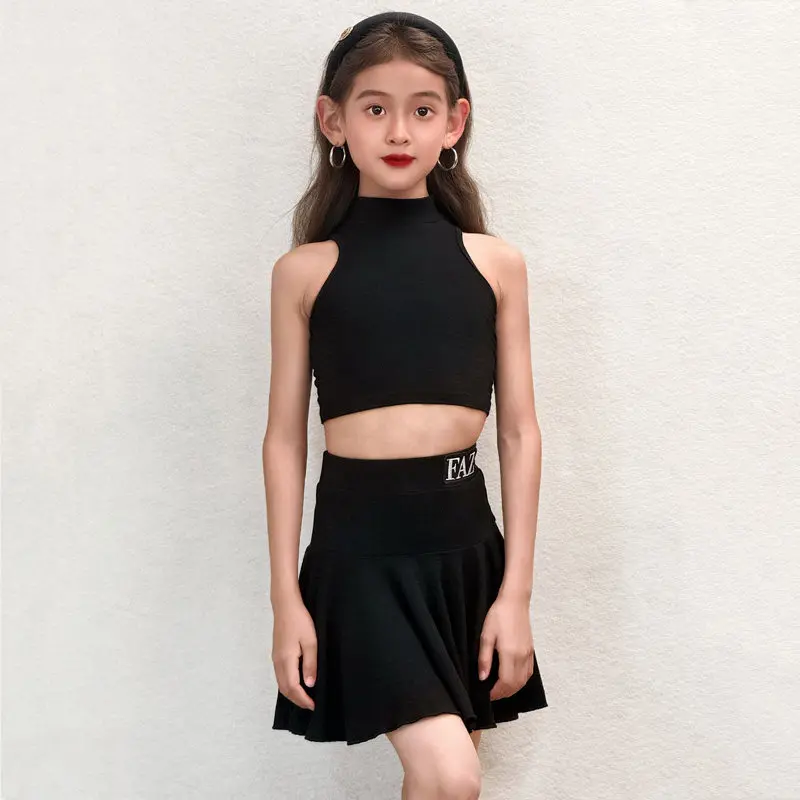 

2026 Children Latin Dance Costumes For Girls High Neck Tops Split Skirts Practice Suit Kids Modern Latin Dance Clothing XH4913