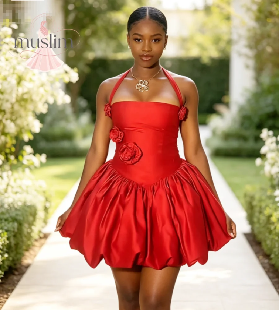 Red Halter Short Homecoming Dress 3D Flower Appliques Satin Bubble Puffy Prom Gown For Black Girls Sexy Cocktail Party Birthday
