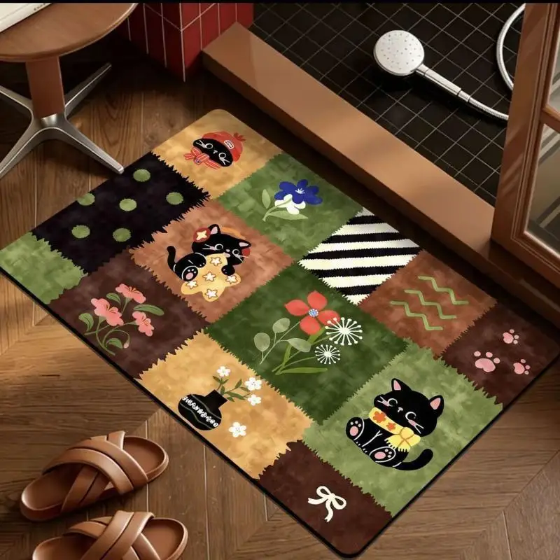 Cute Cartoon Black Cat Print Bath Mat Non Slip Backing Water Absorbent Bathroom Entryway Home Decor Mat