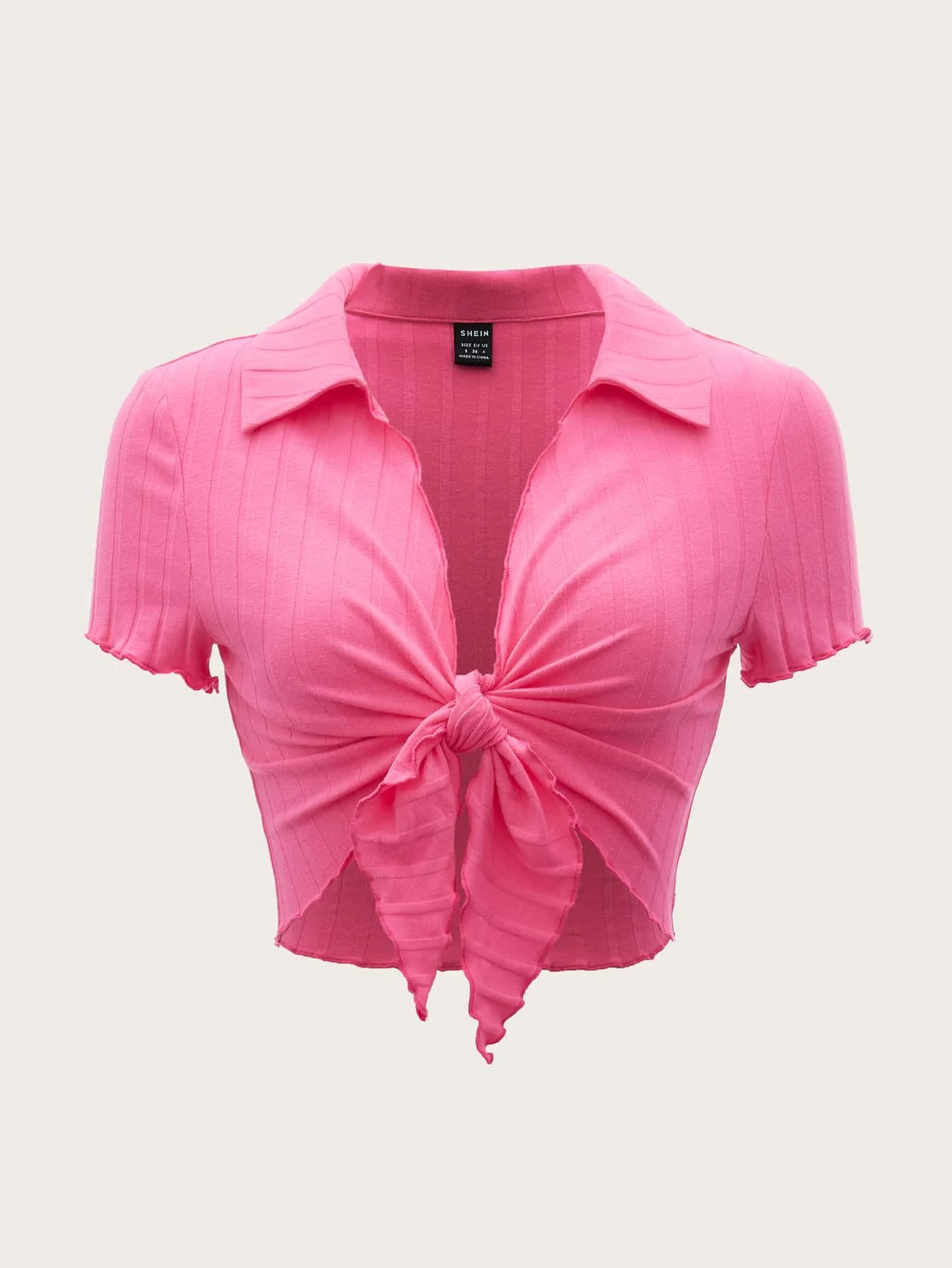 

Pink Rib-Knit Crop Top with Front Knot Detail and Collar