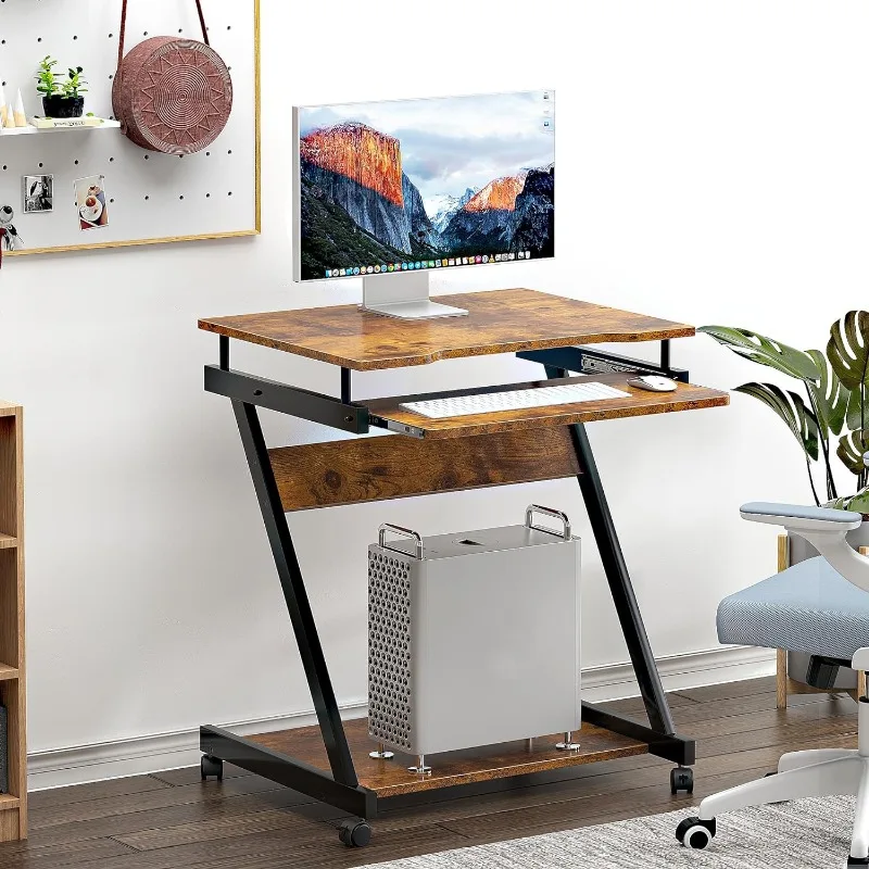 Retro Computer Desk, Small Mobile Workstation with Keyboard Tray, Printer Shelf & Storage, 23.6x18.9x28.7 inches,Engineered Wood