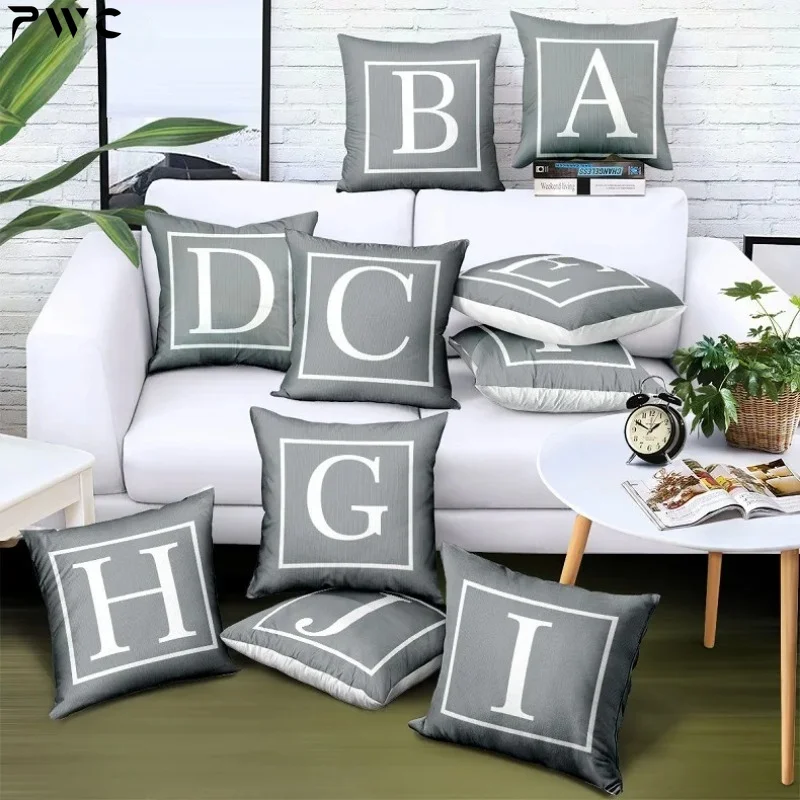 

New Grey English Alphabet Print Cushion Cover Gray Polyester Twill Fabric Pillowcase Sofa Couch Chair Decorative Pillows Cover