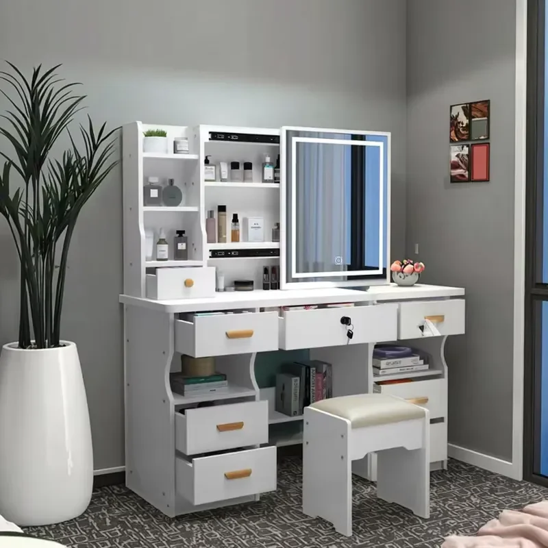 Italian Style Modern Bedroom Furniture Wood Storage Dresser Set LED Lighted Mirror Makeup Vanity Dressing Table