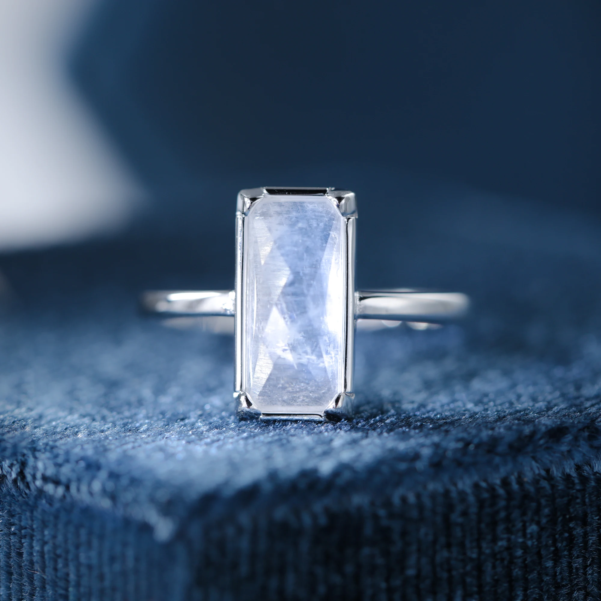 Natural Baguette Cut Moonstone Gemstone Engagement Solitaire Ring 925 Sterling Silver Band for Women Blue Stone Promise Gifts