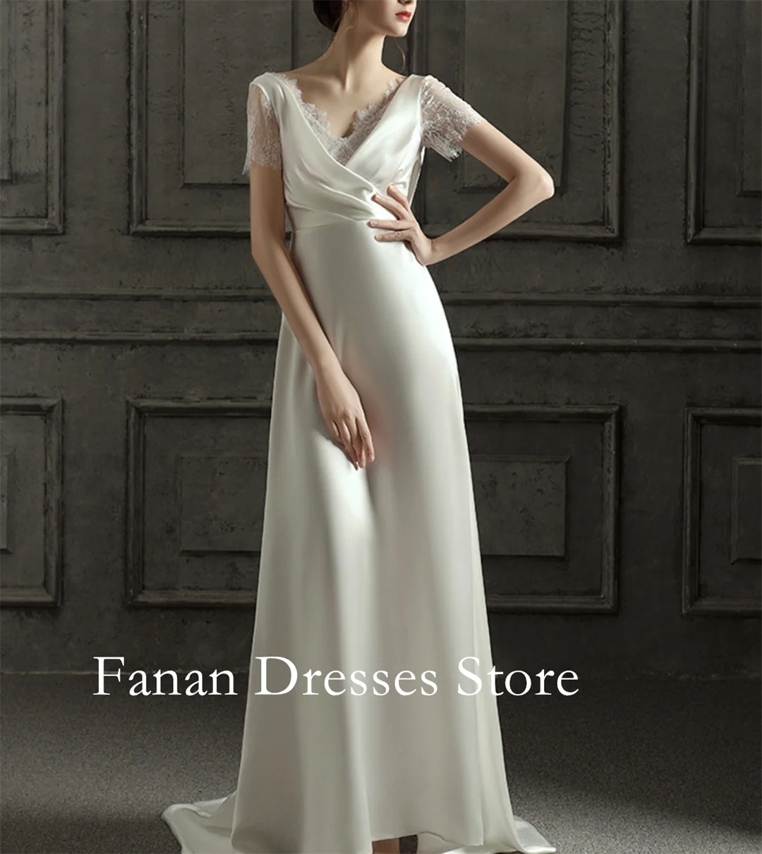 Suknie ślubne FANAN Korea z dekoltem w serek, trenem, krótkimi rękawami, proste, jedwabna satyna, odkryte plecy, koronkowe, 웨딩드레스, kolor ivory, na zamówienie