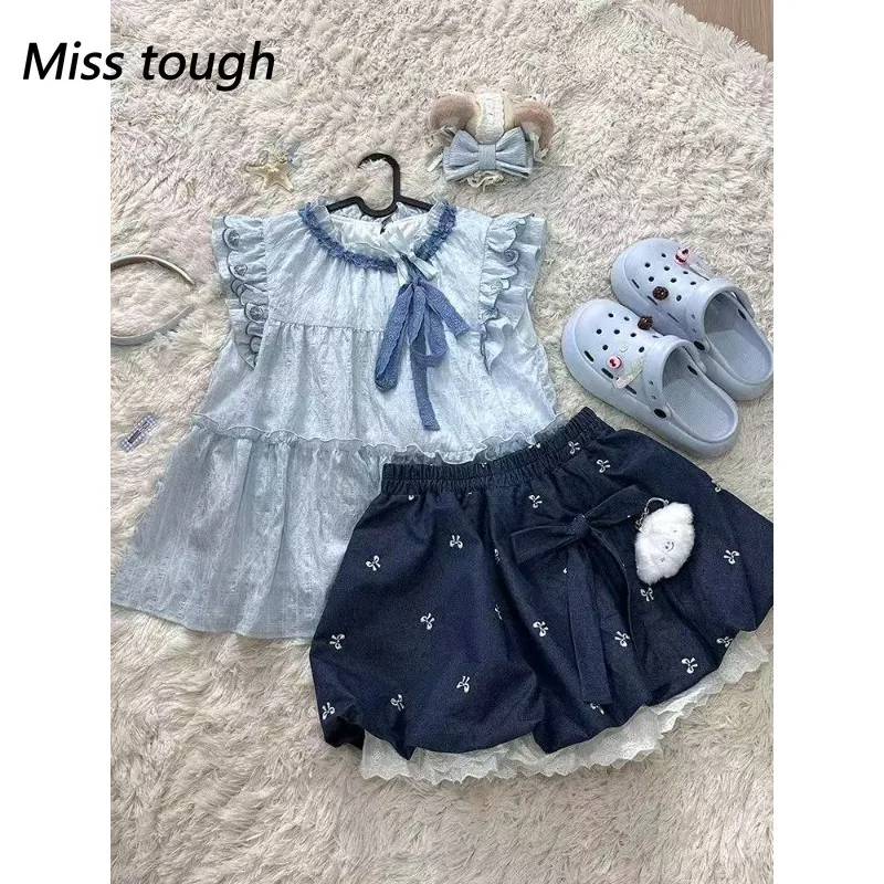 Summer College Style Blue Sweet Patchwork Set Female Cute Bow Fly Sleeve Top + Bud Skirt Suit Lace Casual Two-piece Set 2025 New