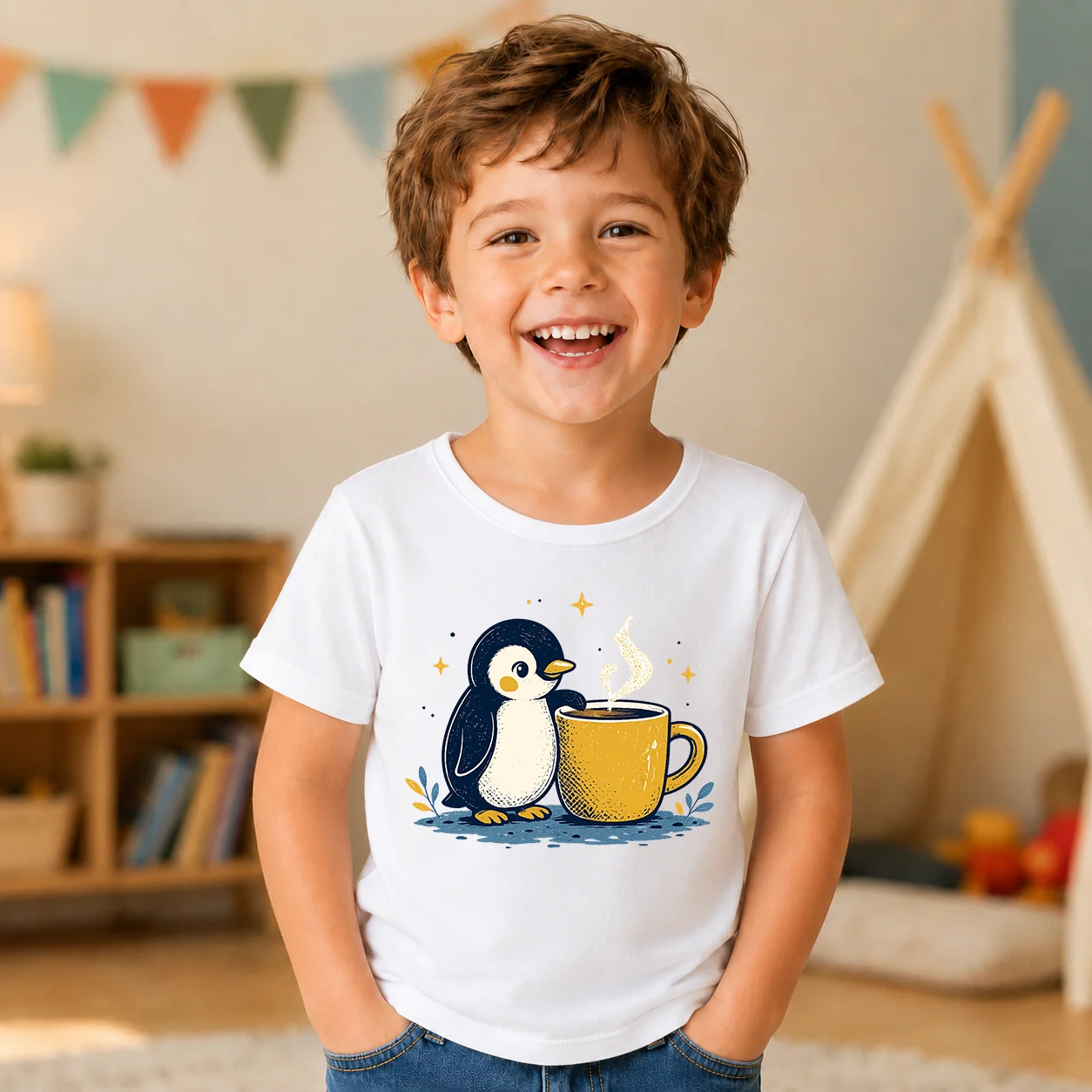 Cute Cartoon Penguin Coffee Mug Print Kids T-shirt Soft Cotton Summer Short Sleeve Tops For Boys Girls Kawaii Children Casual Da