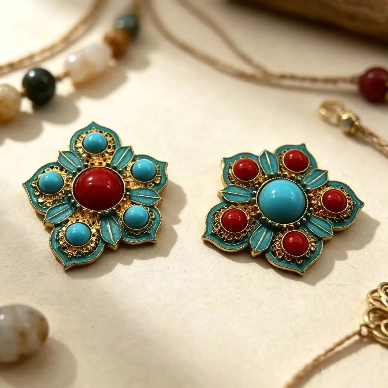 2Pcs/Pack Tibetan Style Floral Alloy Charms 36×44mm Enamel Turquoise Color Stone Pendants DIY Jewelry Making Fittings