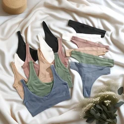 Seamless Bras Set Women Vneck Bralette Top Low Waist Thong Panties Wireless Brassiere Sexy Lingerie Set Female Ribbed Underwear