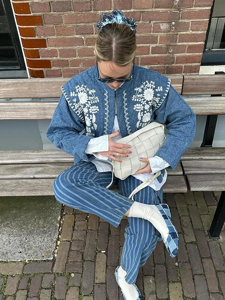 Abrigo de algodón con estampado azul para mujer, Chaqueta de manga larga con cuello redondo a la moda, ropa de calle informal, 2024