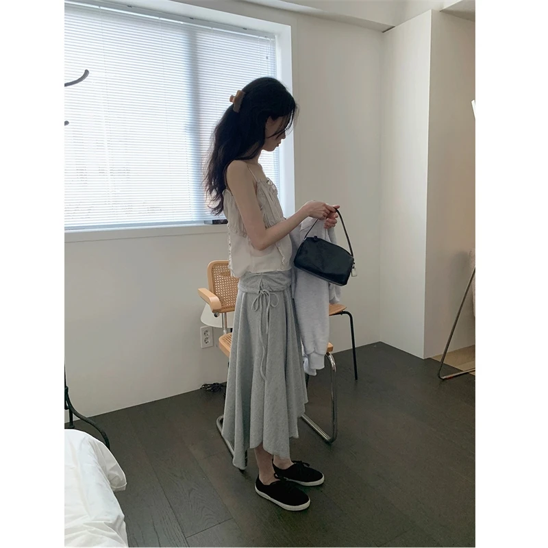2025 Autumn Women’s Casual Skirt Korean Irregular Hem Drawstring Strap Design Loose Fit Fashion Midi Skirt Trendy Daily Outfit
