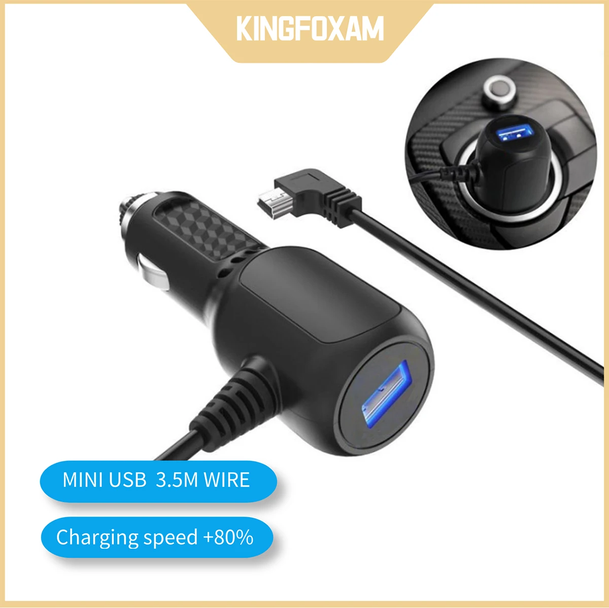 Car Charger with 3.5m MINI USB Wire input 10-30V to output 5V2A,Car Power Cigarette lighter suitable for Dash camera Navigators