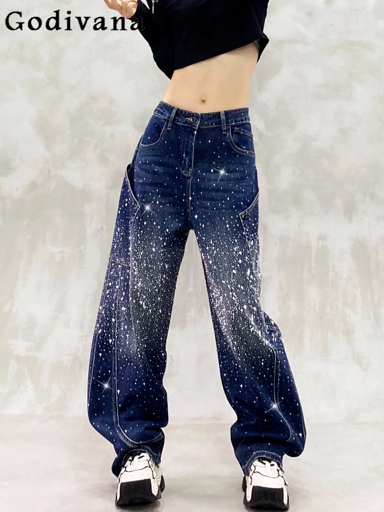 

Women's Autumn High Waist Shiny Hot Diamond Heavy Industry Leisure Jeans Retro Blue Loose Versatile Fashion Straight-leg Pants