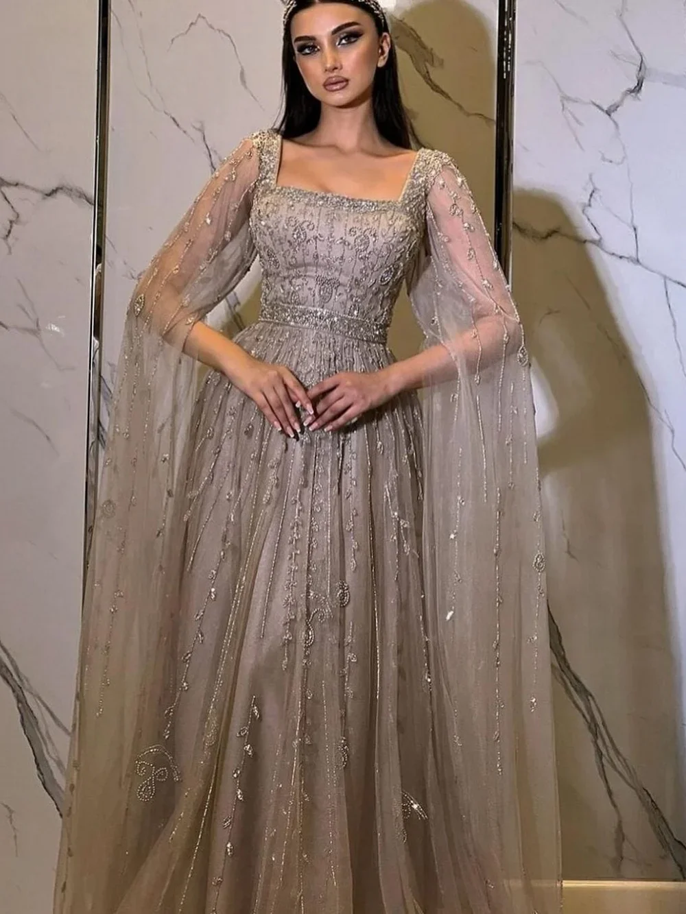 

Long Floral Beads Elegant Cape Sleeve Evening Dress Arabic Dubai A Line Prom Dresses Party Customized Robe De Soiree Femme