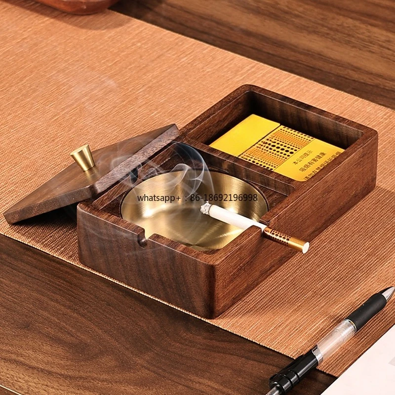 Solid Wood Ashtray Anti-fly Ash Office Home Living Room Tea Room Chinese Style Covered Walnut Ashtray