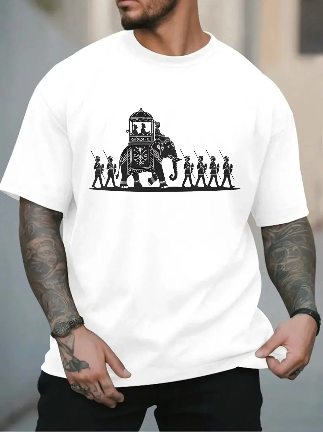 New Men White Crew Neck Tee Oriental Royal Elephant Howdah and Marching Soldiers Silhouette Folk Culture Casual Cotton Tops