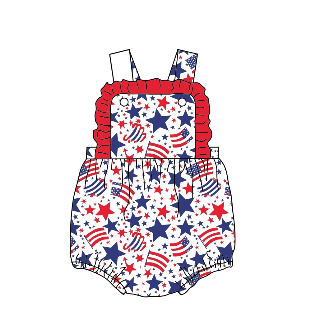 Infant 4th of July Patriotic Romper Red White Blue Star Flag Print Ruffle Strap & Frill Trim Sunsuit Custom Baby Holiday Outfit