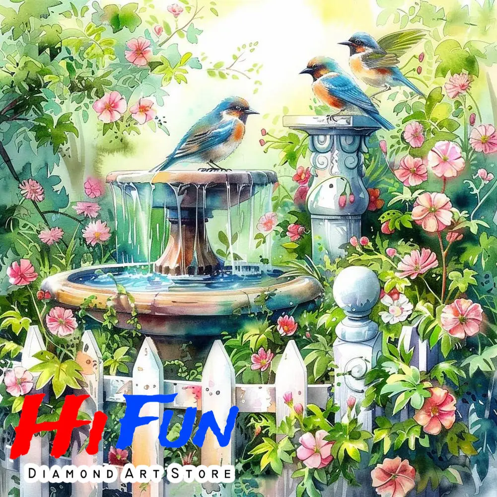 

Watercolor Birds At Birdbath Fountain Garden Scene Diamond Art Painting Decoration Diy Full Rhinestone Mosaic Cross Stitch Kit