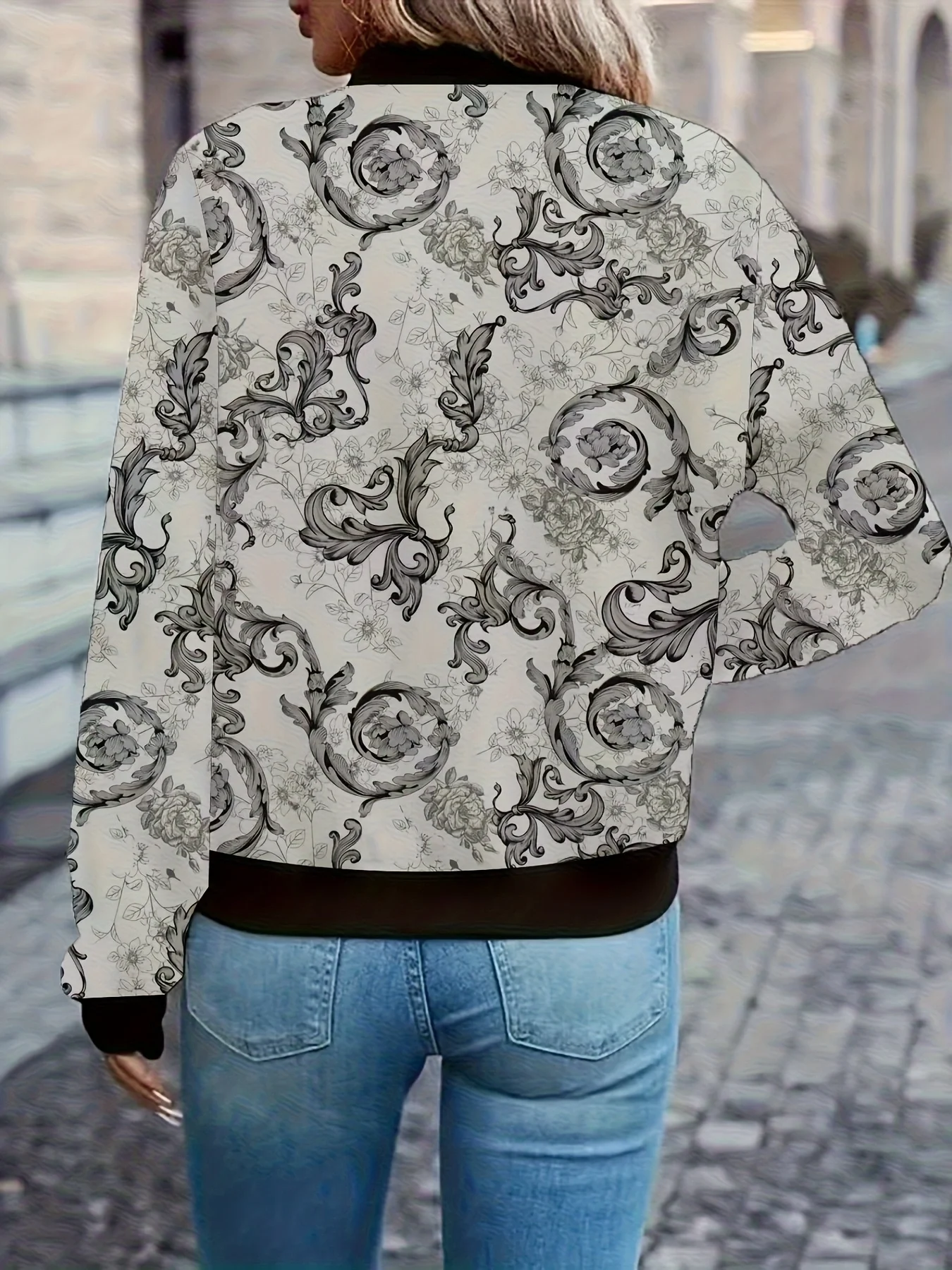 Floral Print Baseball Jacket, Lightweight Zip-Up Jacket, Vintage Baroque Style Outerwear, Long-Sleeve Casual Jacket