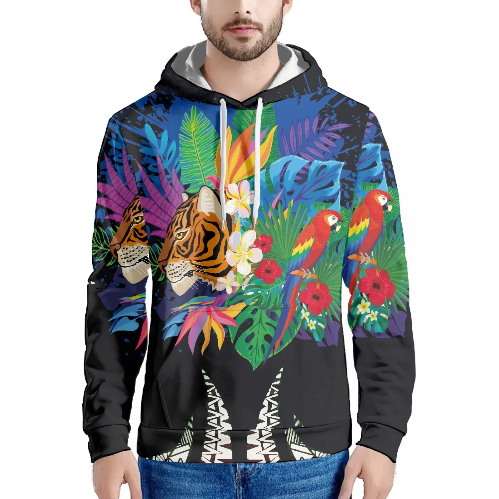 Tiger Head Print Tattoo Polynesian Hawaiian Samoa Style Sweatshirt Long Sleeve Slim Men's Hoodie Warm Autumn/Winter Style