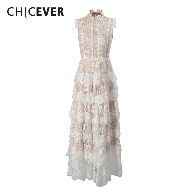 CHICEVER 솔리드 스플 라이스 스태킹 레이스 스위트 드레스 여성 터틀넥 민소매 우아한 여성 드레스 여름 스타일 패션 새로운