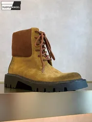 Vintage Women Suede Genuine Leather Short Boots Lace Up Round Toe Spring Autumn Mixed Colors Casual Platform High Top Shoes