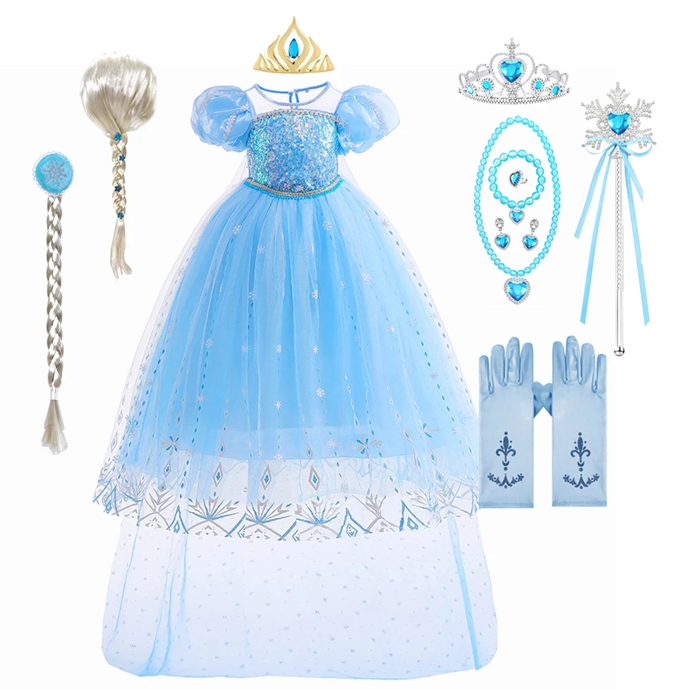 

Girls Dress Costume Princess Dresses Elsa Blue Snow Queen Wedding Luxurious With Cloak Carnival Gown Cosplay Dresses Up