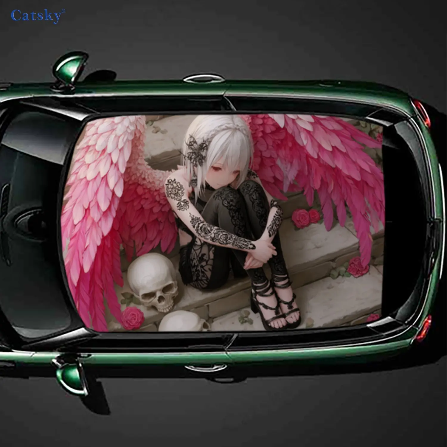 

Gothic Dark Pink Wings Angel Girl Skull Car Roof Sticker, PVC Self-Adhesive Waterproof Car Vinyl Decal, Car Decoration Protectio
