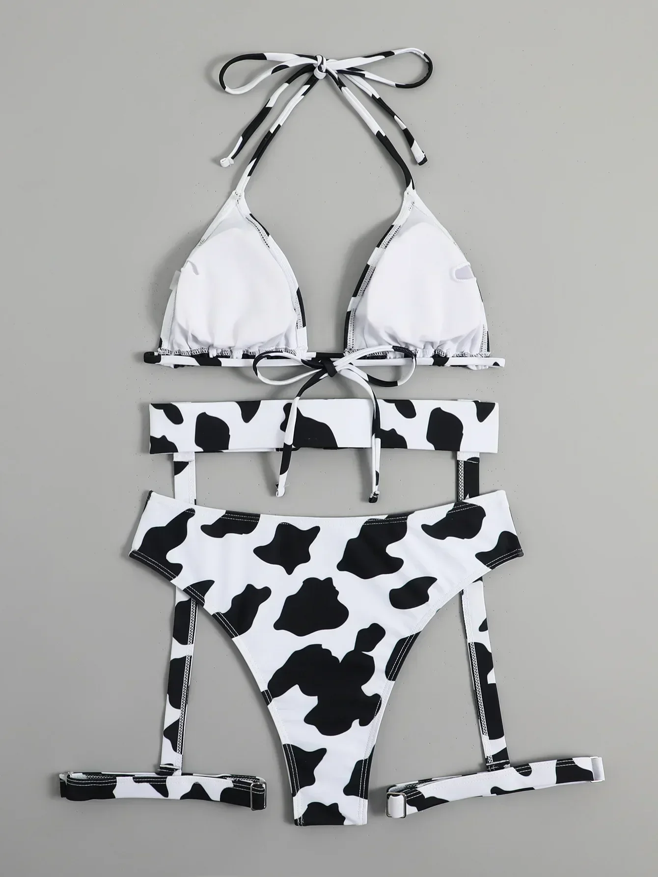 Sexy Cow Pattern Print 3 Piece Bikinis Set with Garter Spots String Halter Swimsuit Women Swimwear Bathing Suit Bikini Mujer