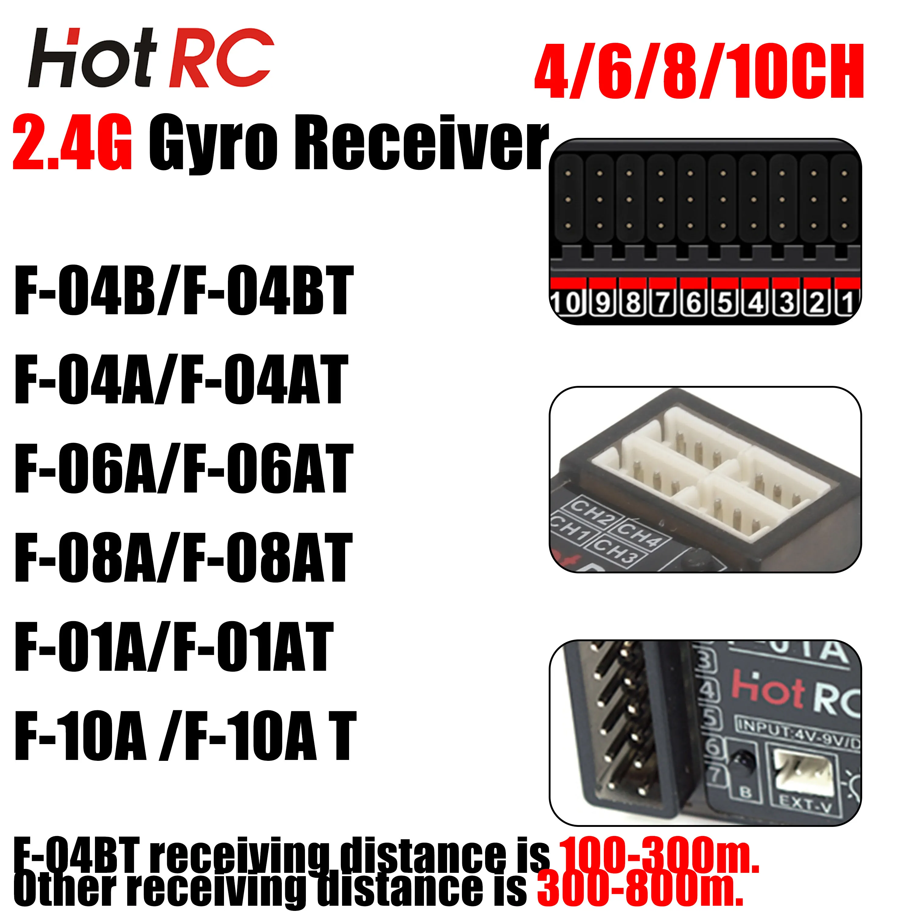HotRC F-10AT F-01AT F-08AT F-06AT F-04AT F-04BT 4/6/8/10CH 2.4G Gyro Receiver  Voltage Return Lamp Control for RC Car Plane Boat
