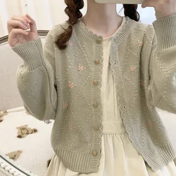 Vintage Handmade Knitted Sweater Cardigan Floral Embroidery Green Cute Floral Retro Girl Commute Style Long Sleeve round Neck