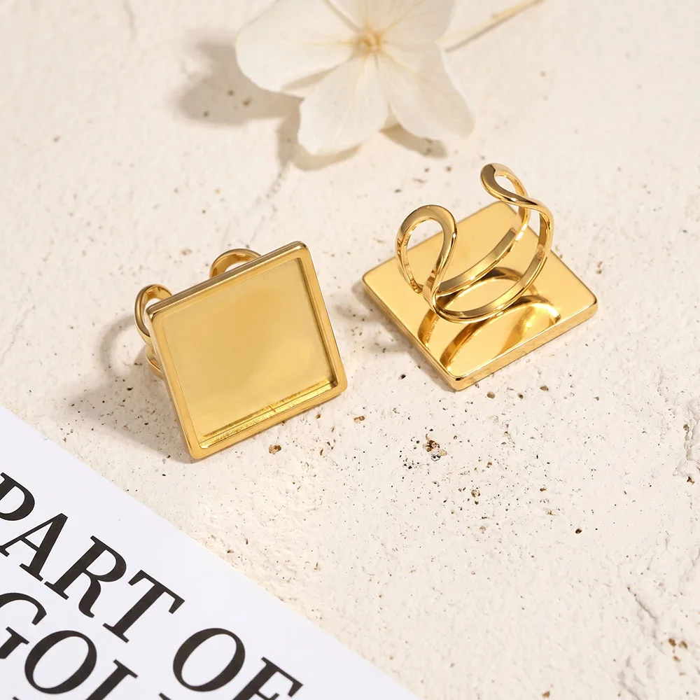 4pcs Gold Plated Square Ring Blank Settings 10-25mm Adjustable Base for DIY Inlay Jewelry Making Findings Wholesale Supplies