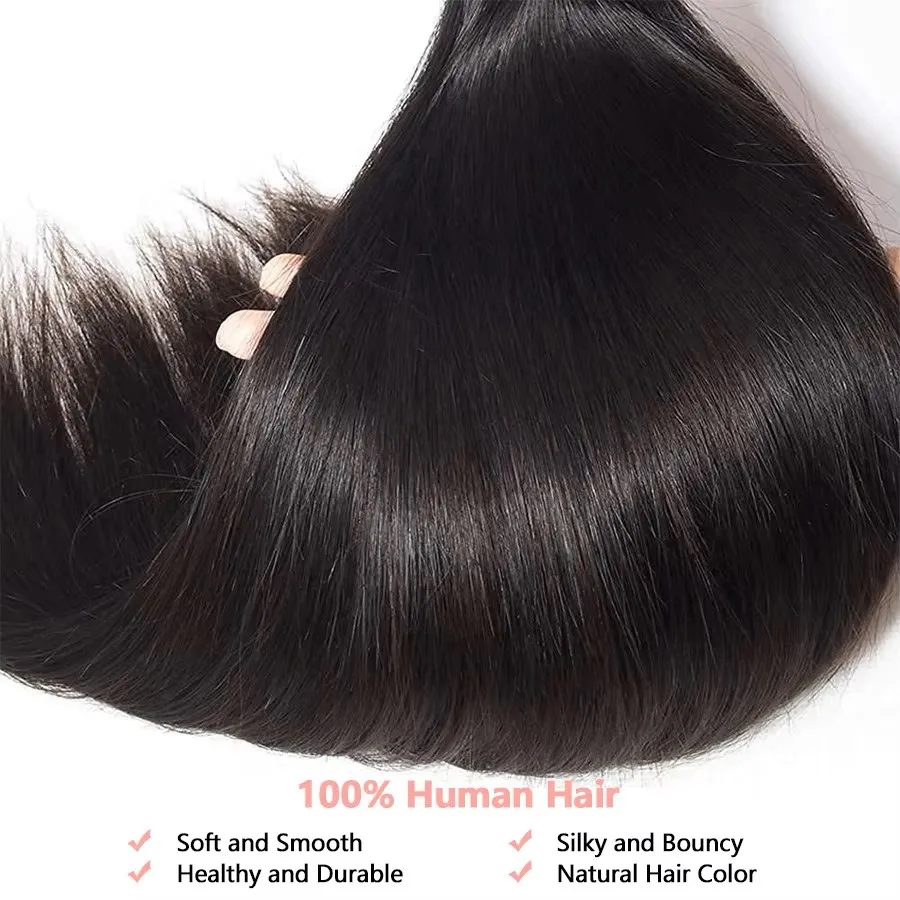 Extensiones de cabello humano liso, mechones de cabello crudo 100% cabello humano brasileño Remy, mechones de doble trama, extensión de cabello de 1/3/4 Uds.