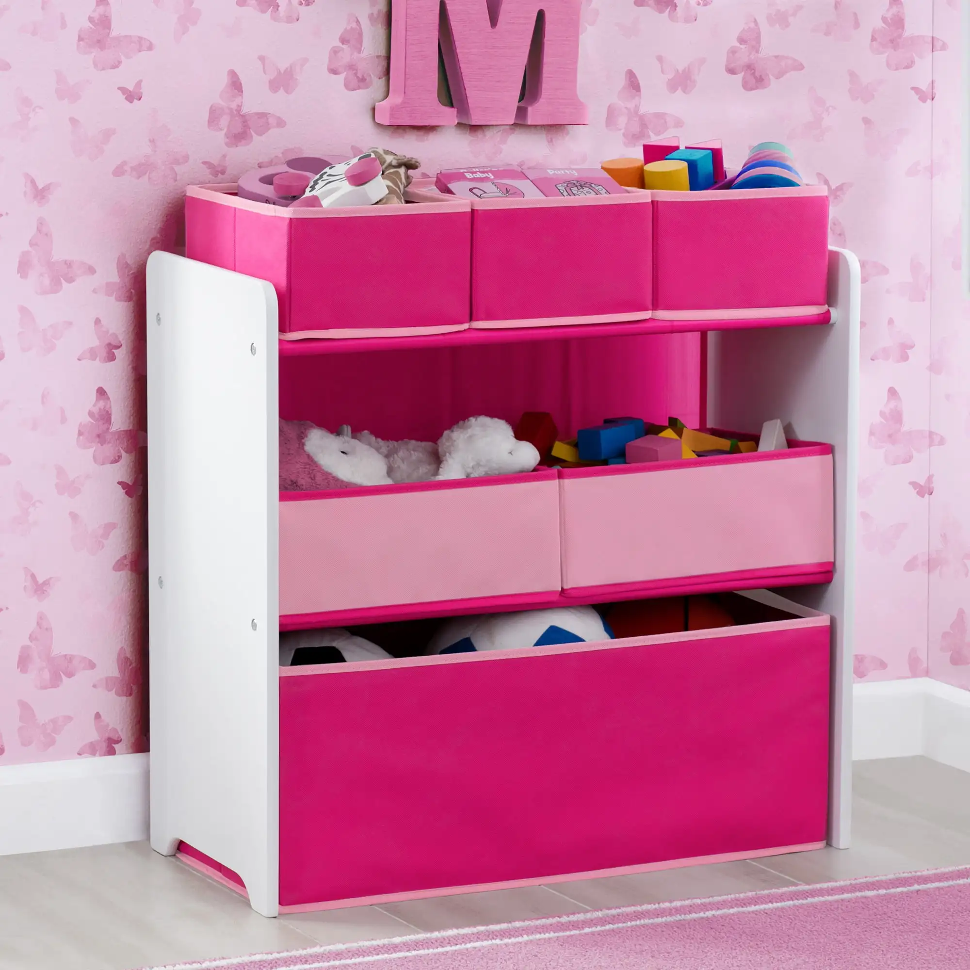 Design and Store Large Toddler Floral Toy Storage Wood Bedroom Storage Bins 2 Sheets of Reusable Stickers, White & Pink, 1 Pack