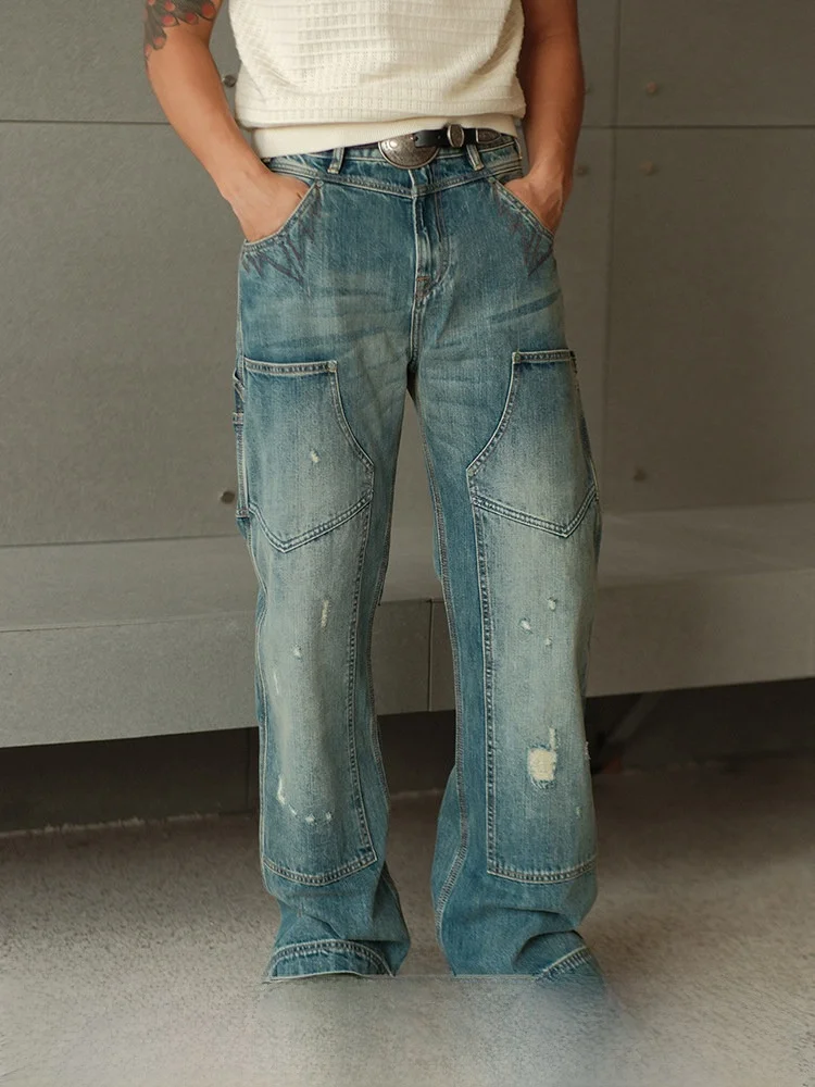 

Western Series Wide Leg Denim Jeans Double Knee Waed Casual High Waist Trousers Youth ular Four Seasons Wear