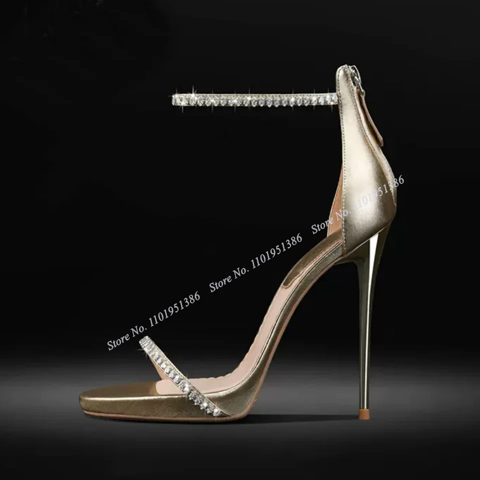 Abesire Gold Crystal Sandals Back Zipper Cover Heel Thin High Heel Open Toe Shoes for Women Shoes on Heels Zapatillas Mujer