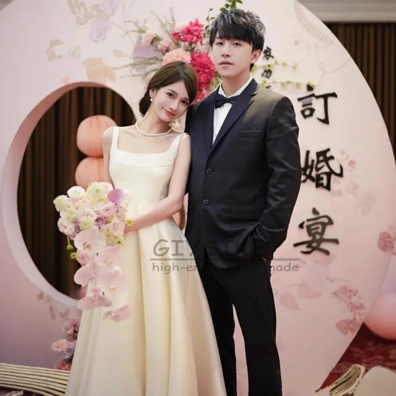 GIYSILE Abiti da sera posteriori con cinturino a trapezio senza maniche in raso leggero con colletto quadrato alla moda bianco personalizzato