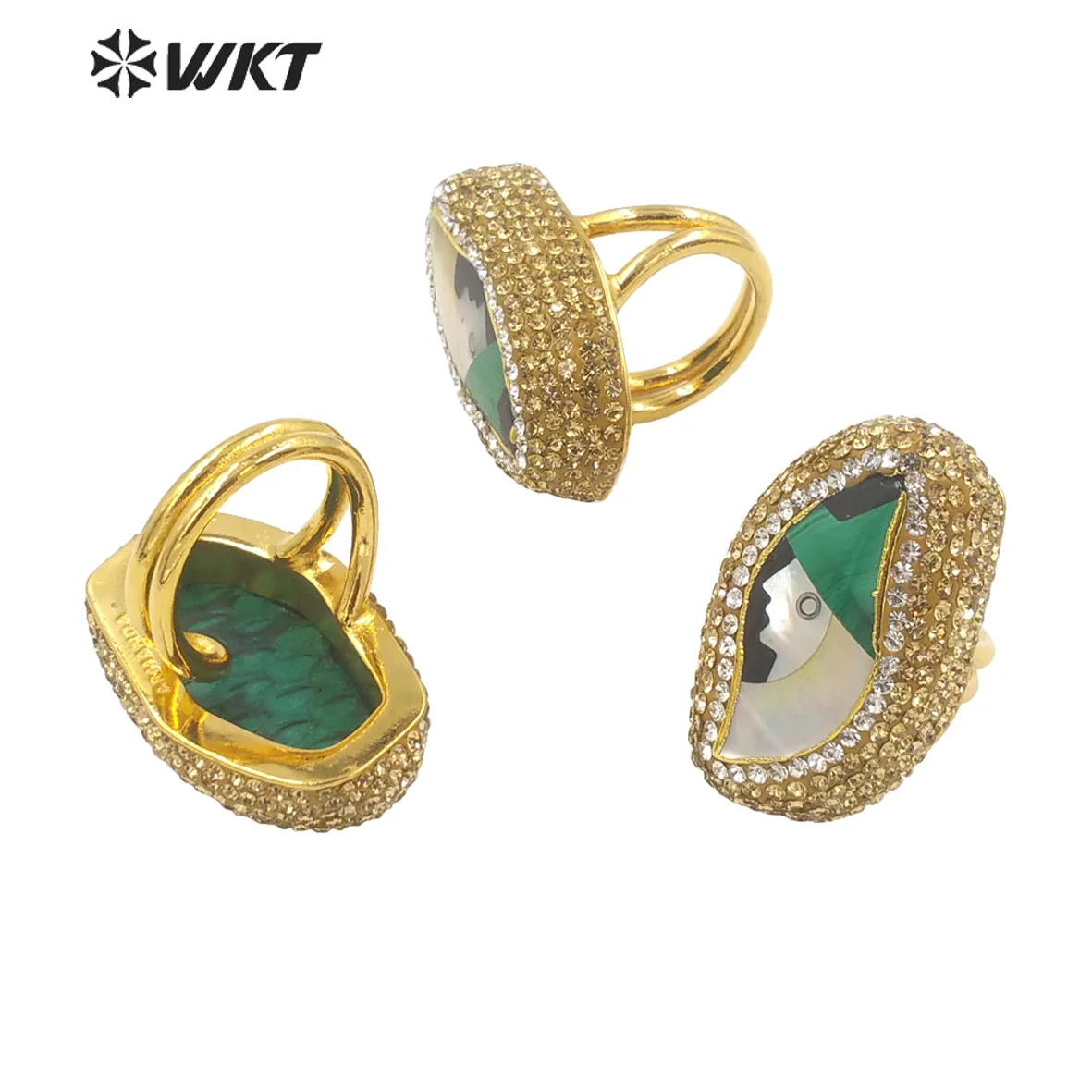 WT-MPR033   WKT 2022 Bohemian Style Natural Malachite&MOP&Rhinestone Gold Plated Finger Ring Fashion Party Retro High Quality