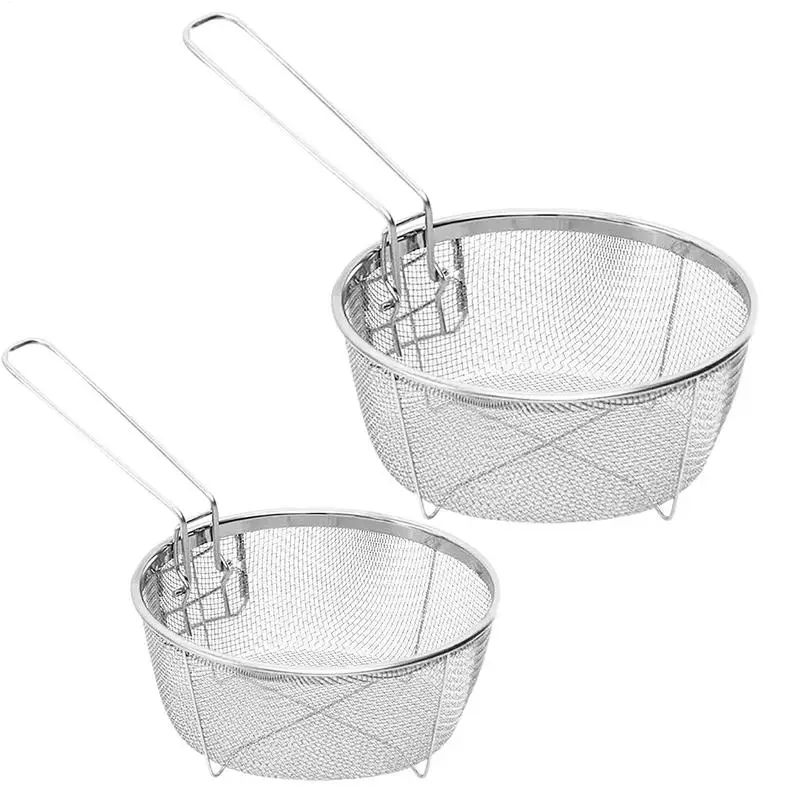 Cesta para freír de acero inoxidable, presentación de alambre redondo con mango desmontable, escurridor de acero inoxidable, espumadera para freidora