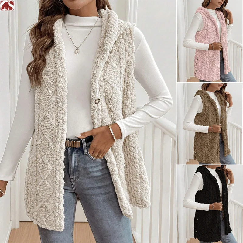

Women Plush Hooded Vest Cardigan Cozy Fleece Jacket Spring Summer Casual Outerwear